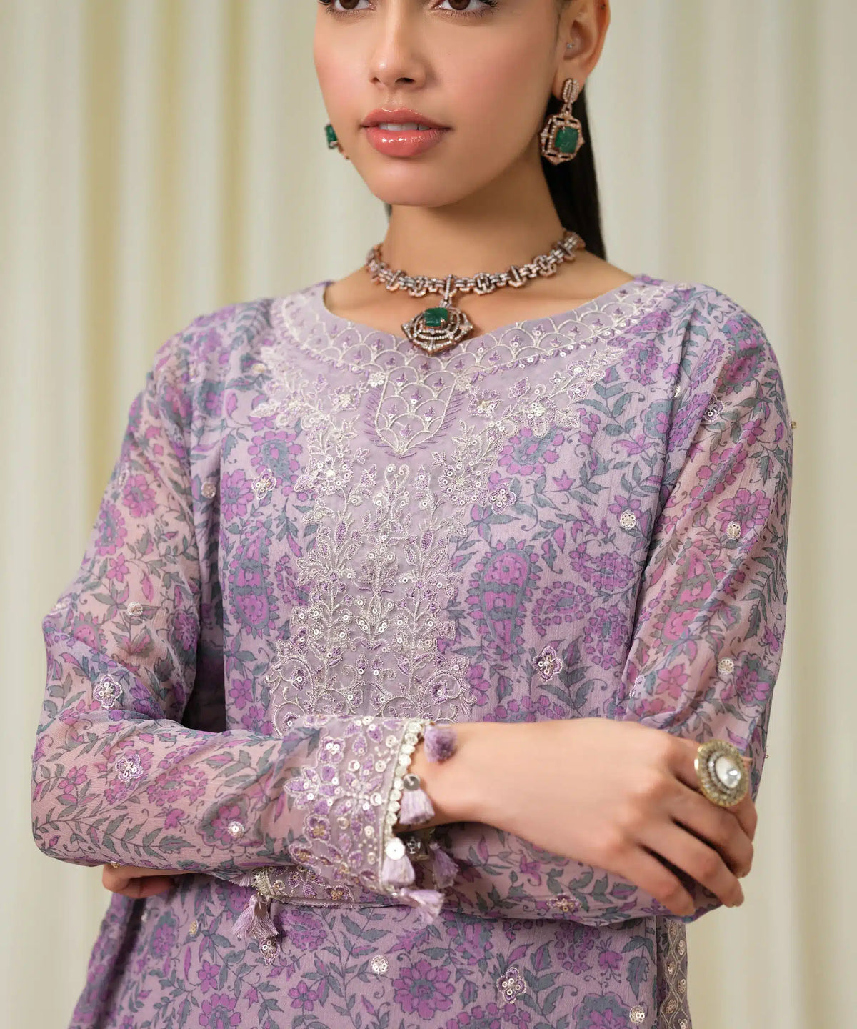 Sapphire Luxe Embroidered Chiffon 3 Piece Suit Mauve - Embroidery Close-up