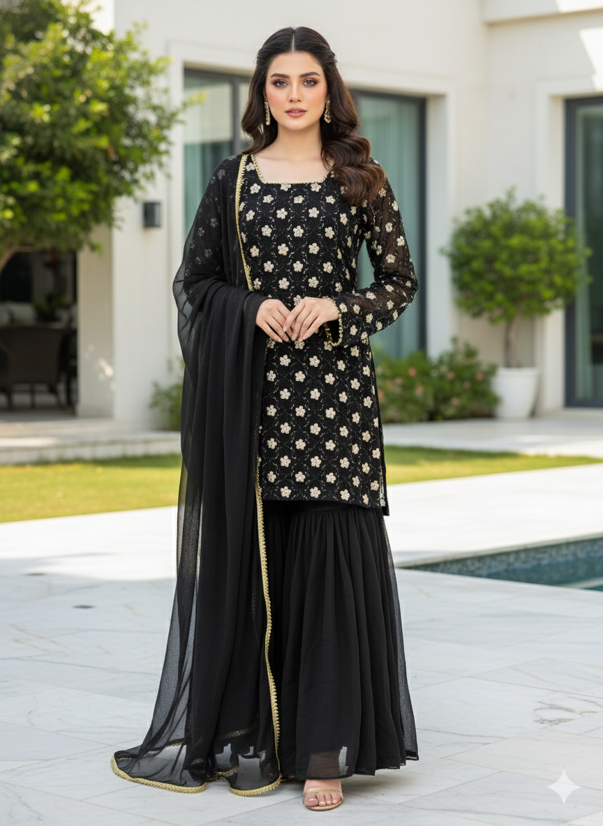 Pakistani Pure Chiffon Boutique Collection with churidaar sleeves