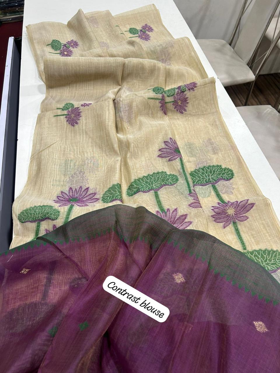 Linen tussar sarees with pichwai pallu and contrast blouse