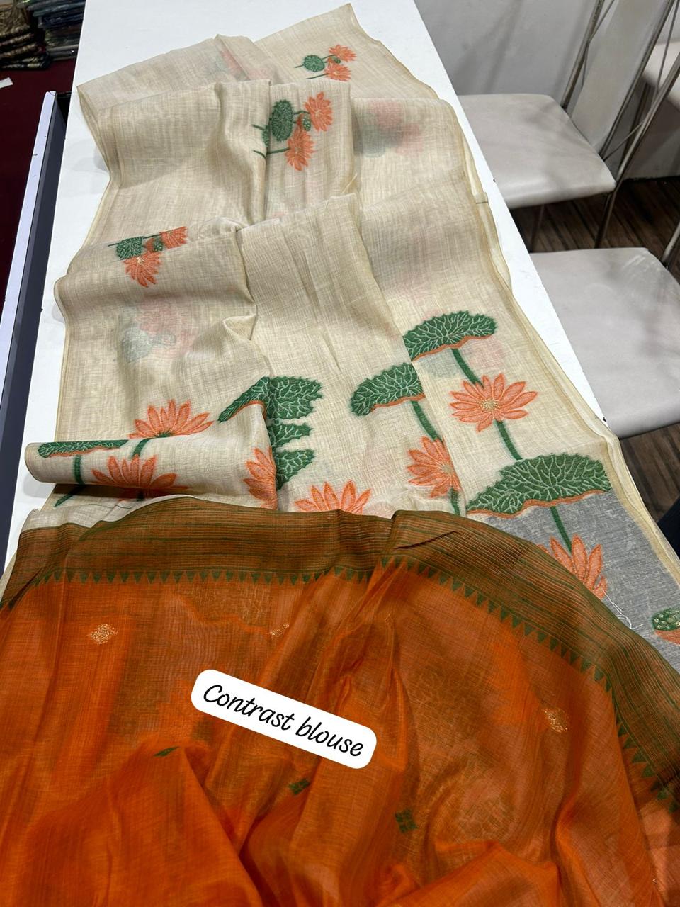 Linen tussar sarees with pichwai pallu and contrast blouse