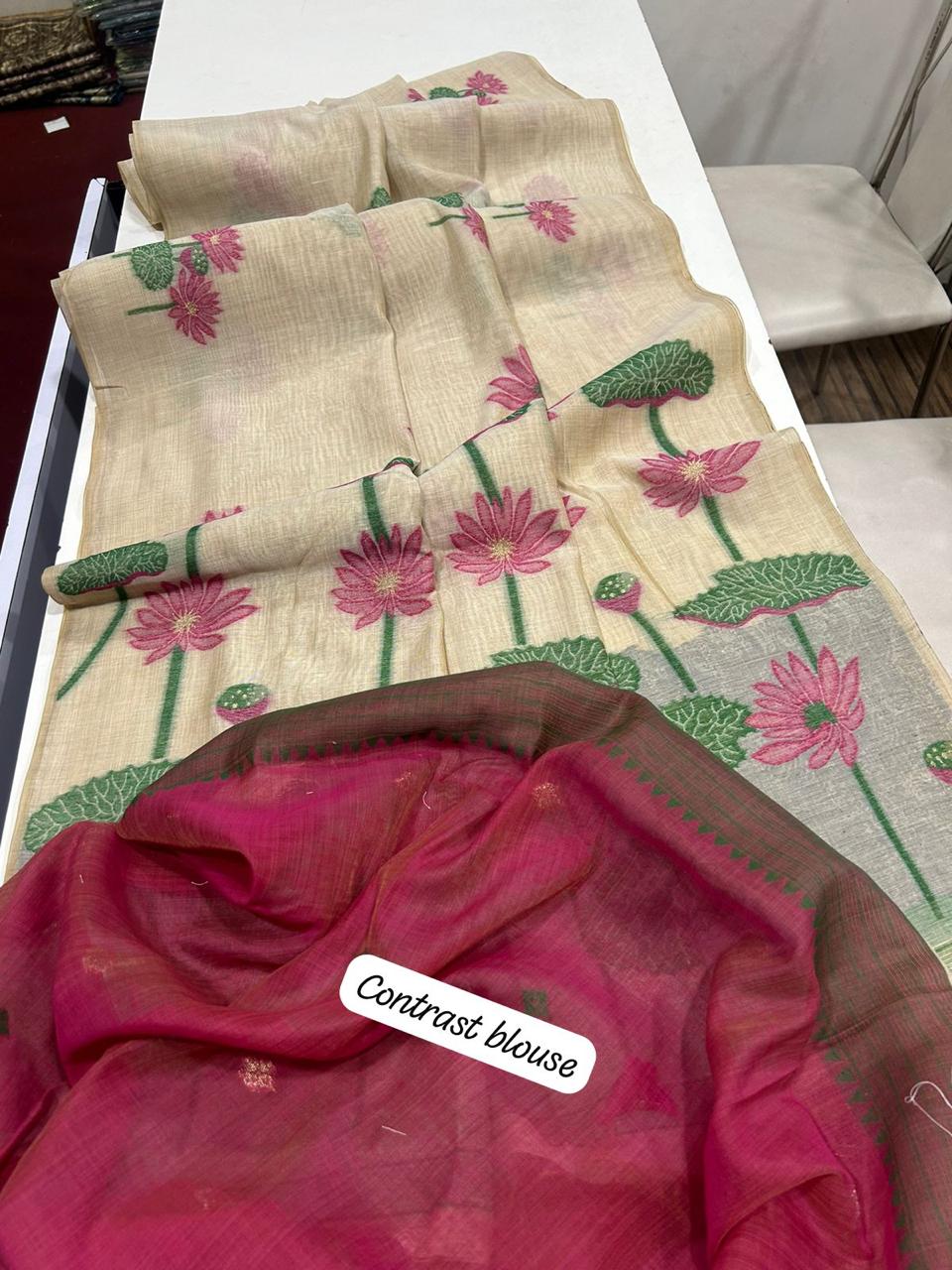 Linen tussar sarees with pichwai pallu and contrast blouse