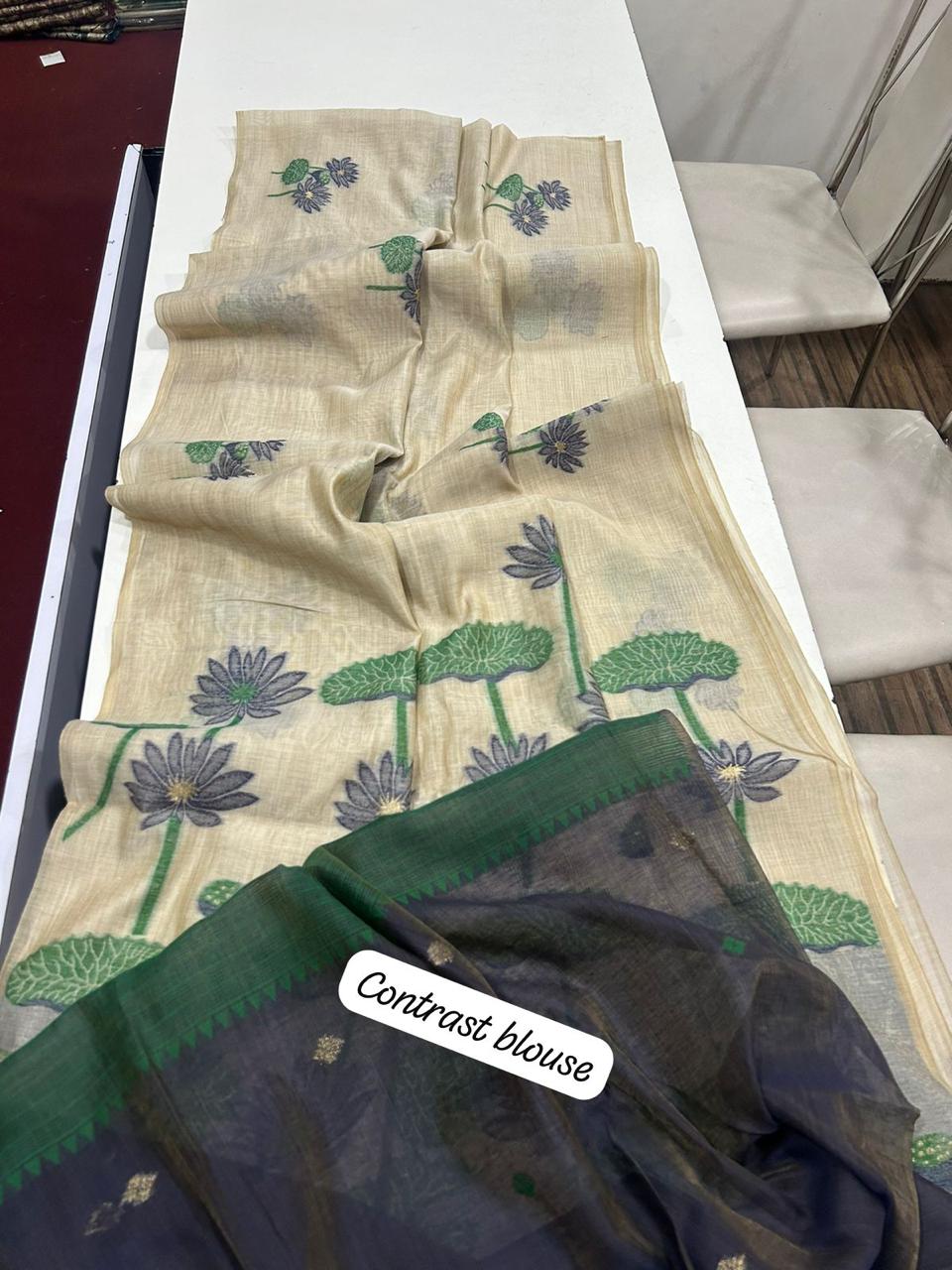 Linen tussar sarees with pichwai pallu and contrast blouse