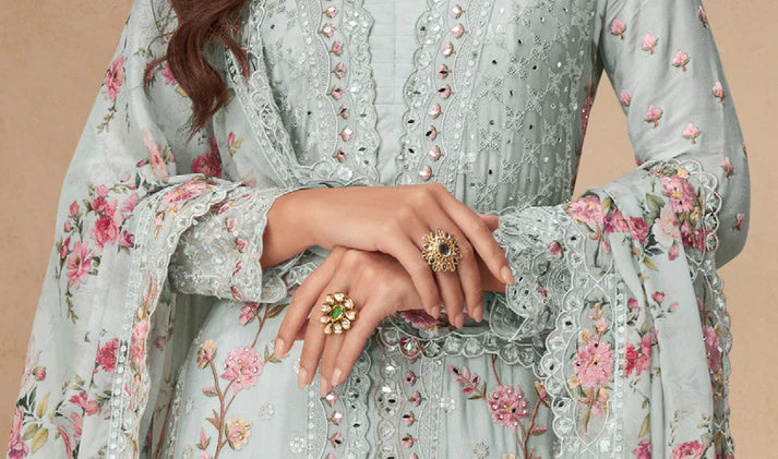 Sky Grey Embroidered Chinnon Palazzo Kameez