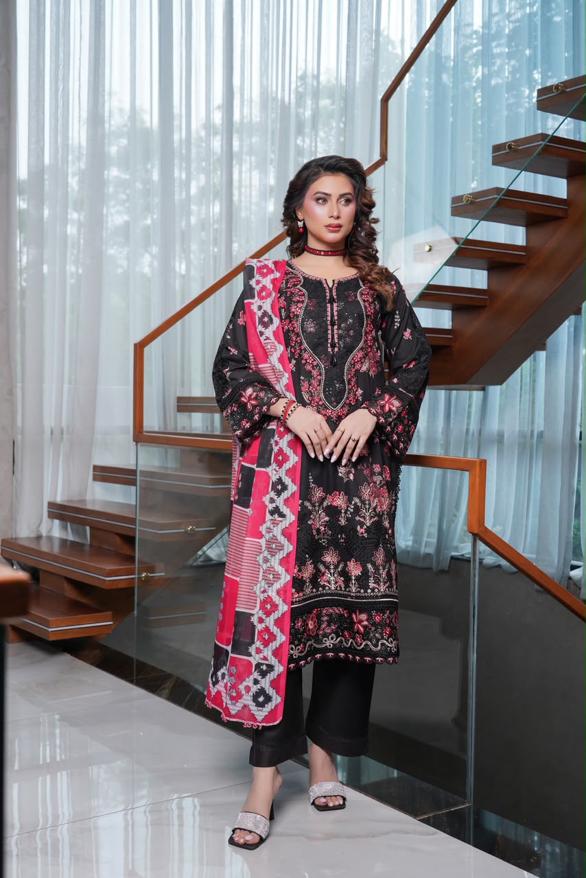 Munira Designers linen 3-piece suit, black floral with pink dupatta – front