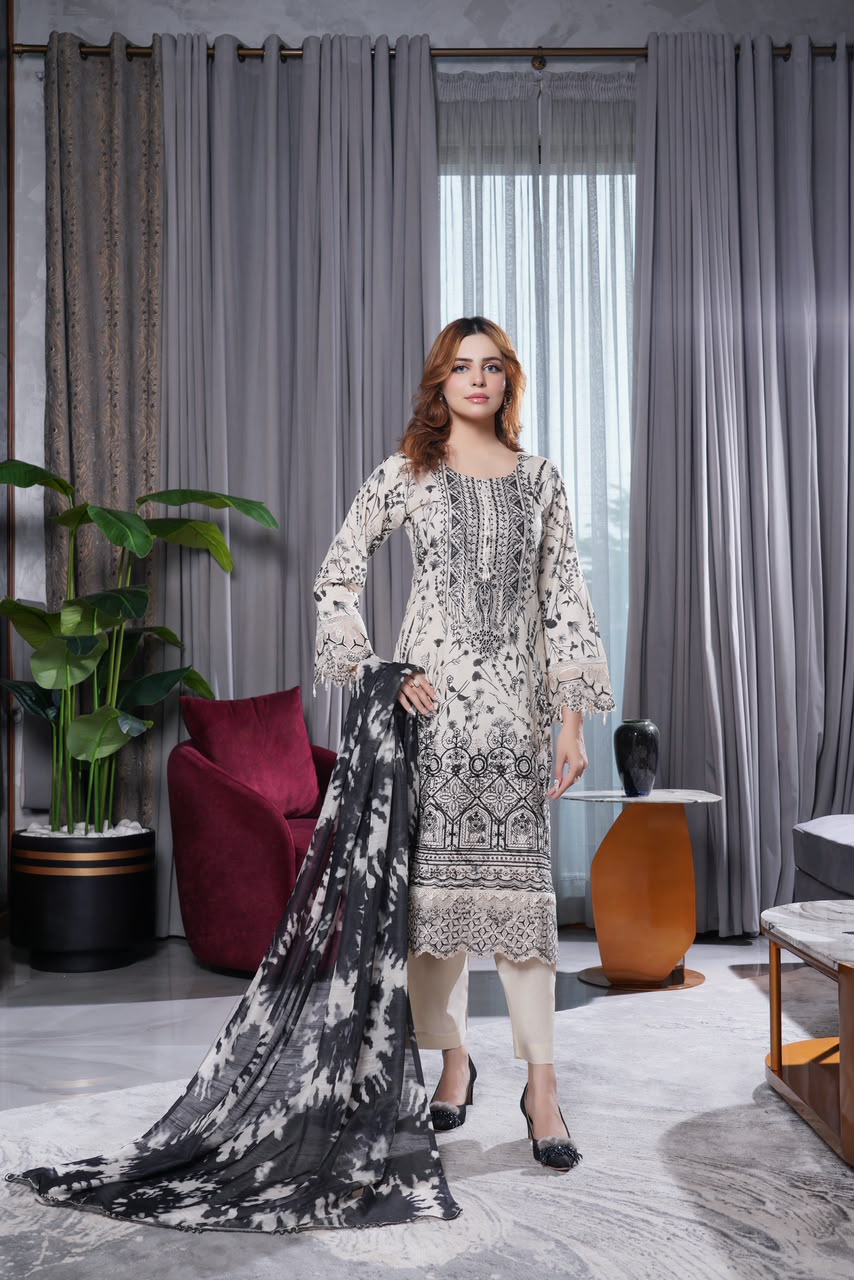 Munira Designers linen 3-piece suit, ivory & black print with monochrome dupatta – front