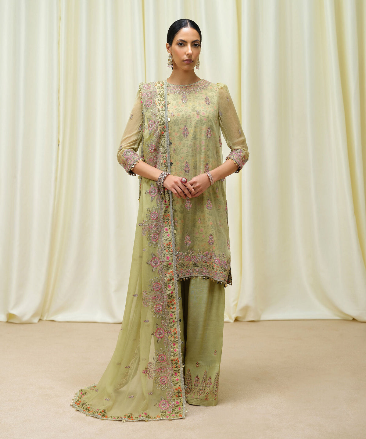 Sapphire Luxe Pale Olive Embroidered Chiffon Suit - Front