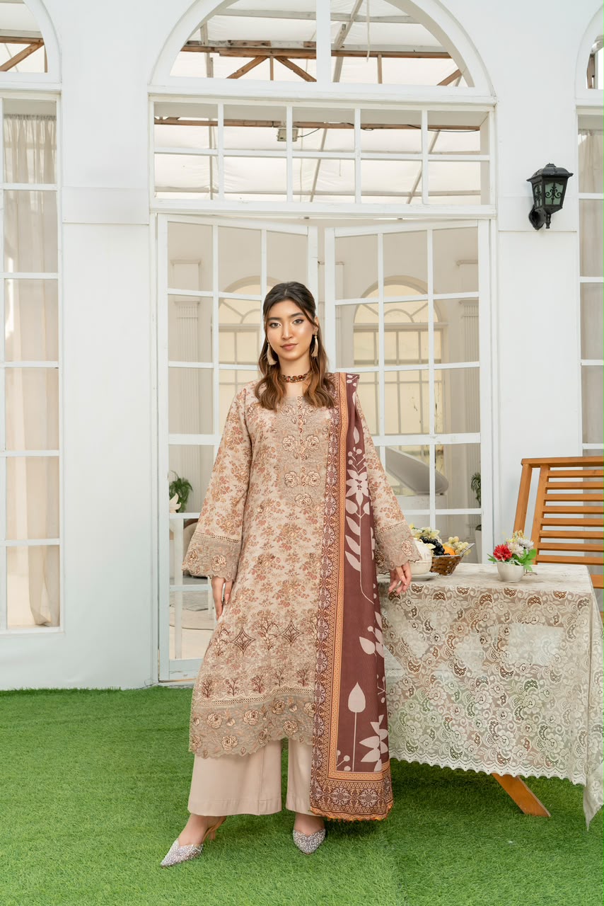 Munira Designers winter beige floral embroidered Dhanak suit with brown printed shawl – front