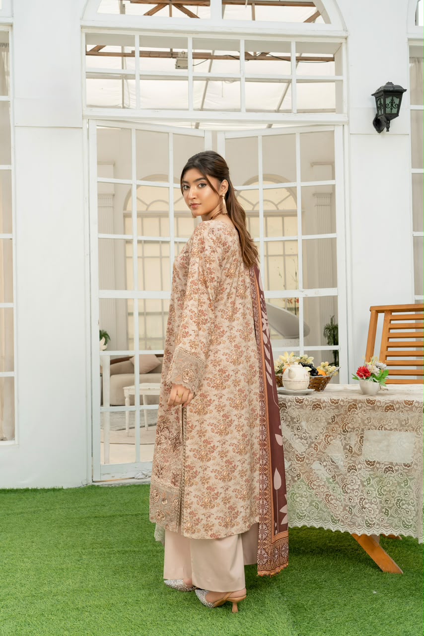 Munira Designers winter beige floral embroidered Dhanak suit with brown printed shawl – back view