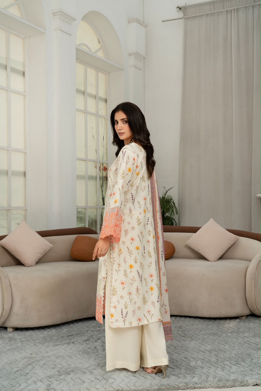 Munira Designers winter ivory embroidered Dhanak suit with peach border and printed shawl – back view