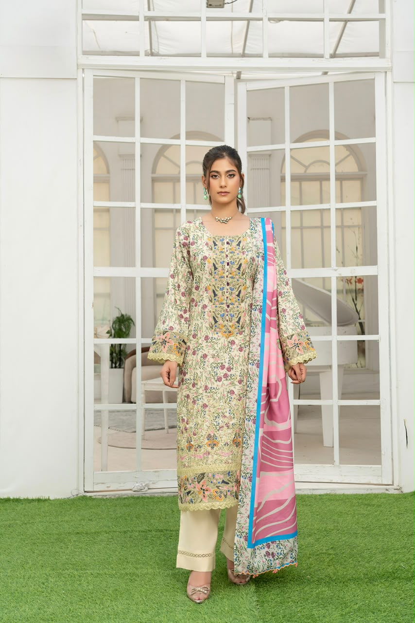 Munira Designers winter sage floral embroidered Dhanak suit with pink printed shawl – front