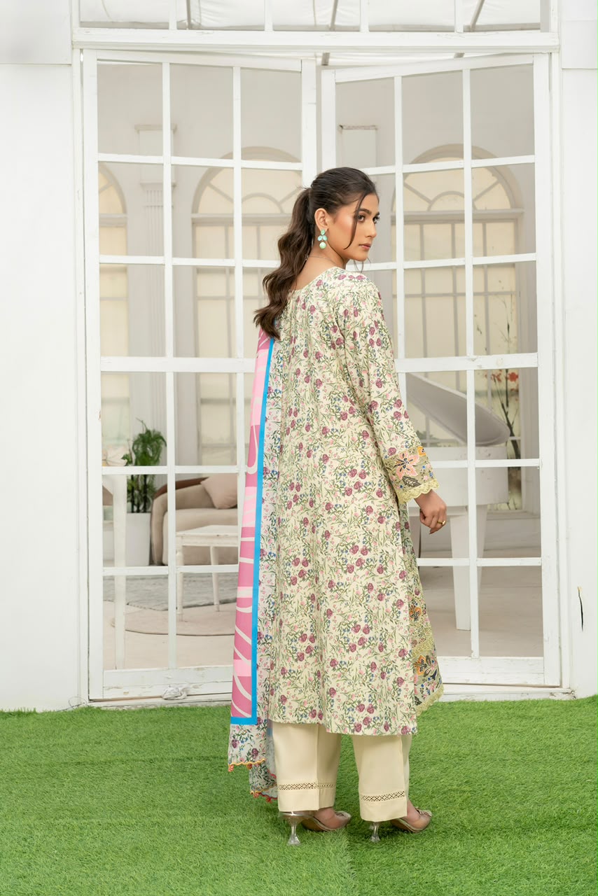 Munira Designers winter sage floral embroidered Dhanak suit with pink printed shawl – back view