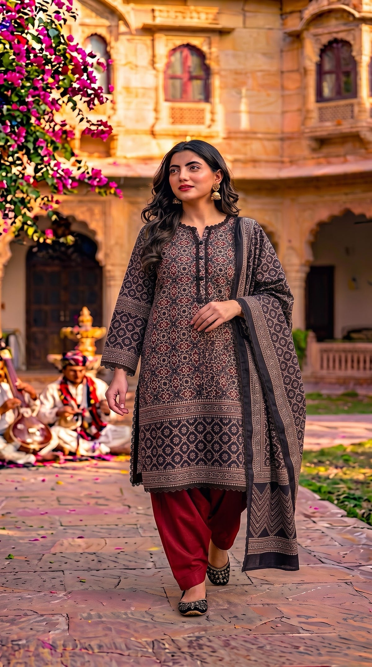 Pakistani black and maroon Ajrakh printed cotton salwar kameez with maroon Farsi salwar and Ajrakh dupatta