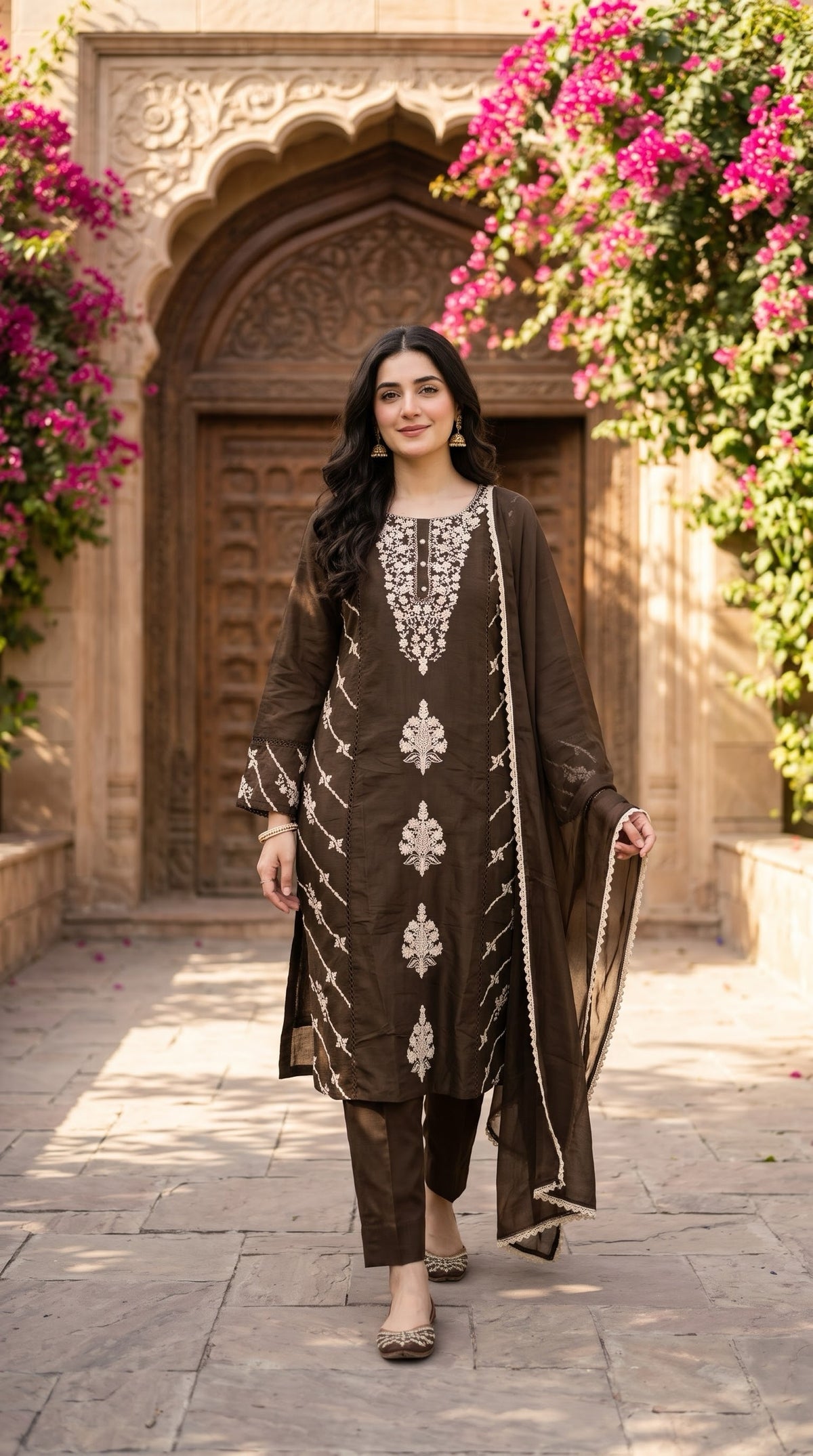 Chocolate Brown Mul Cotton Embroidered Suit - Delhi Boutique