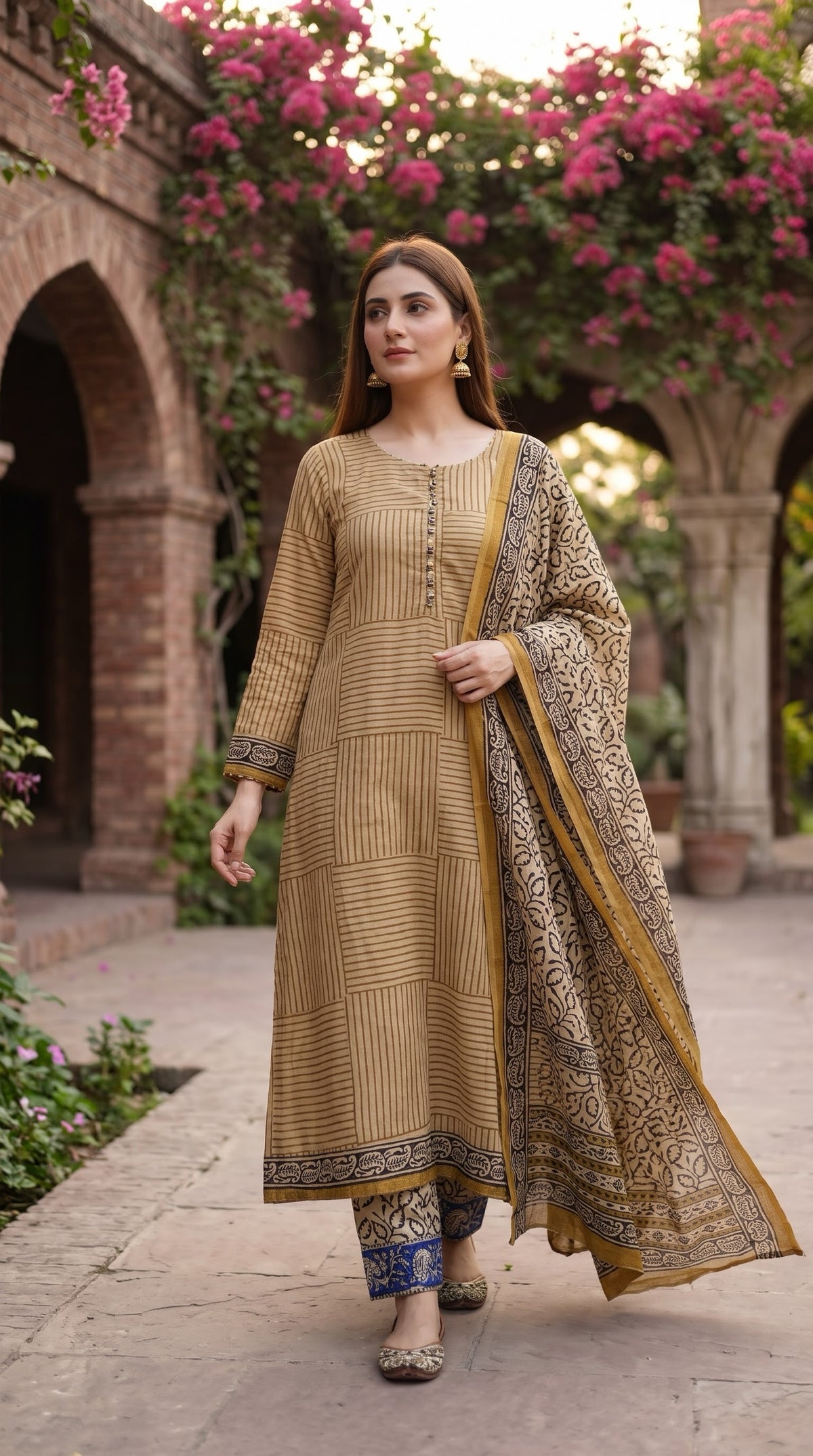 Indian Chanderi Silk 3 piece suit Camel Beige - Delhi Boutique