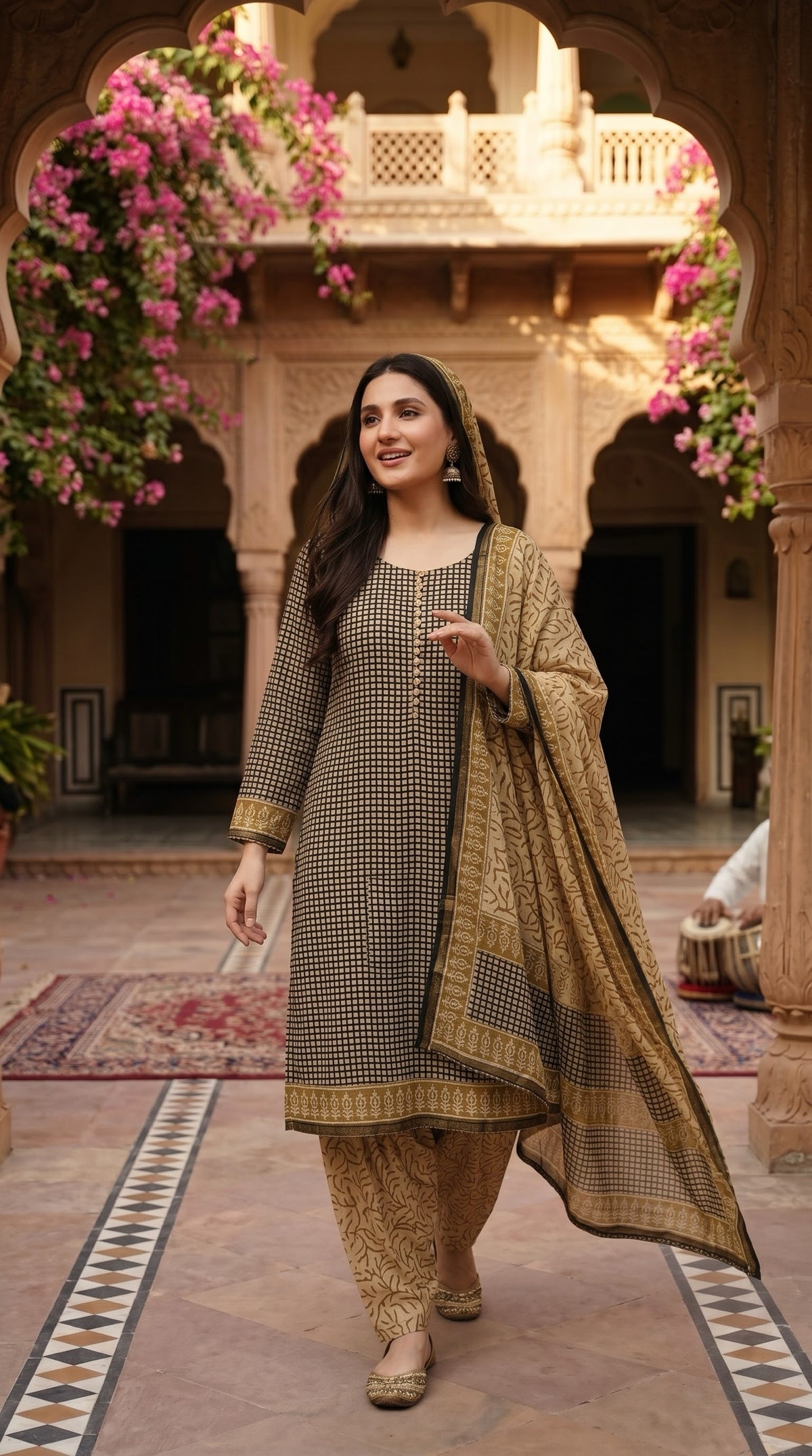 Indian Chanderi Silk 3 piece suit Black & Beige Check - Delhi Boutique