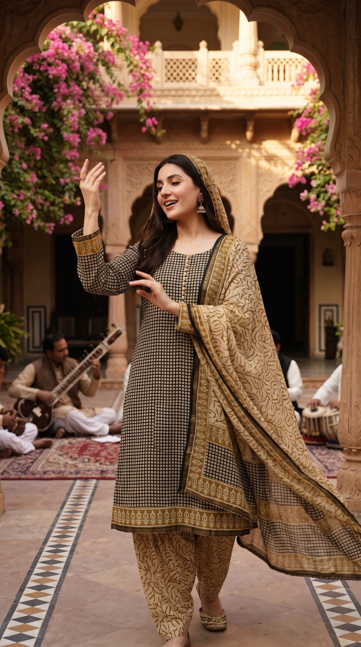 Indian Chanderi Silk 3 piece suit Black & Beige Check - Delhi Boutique