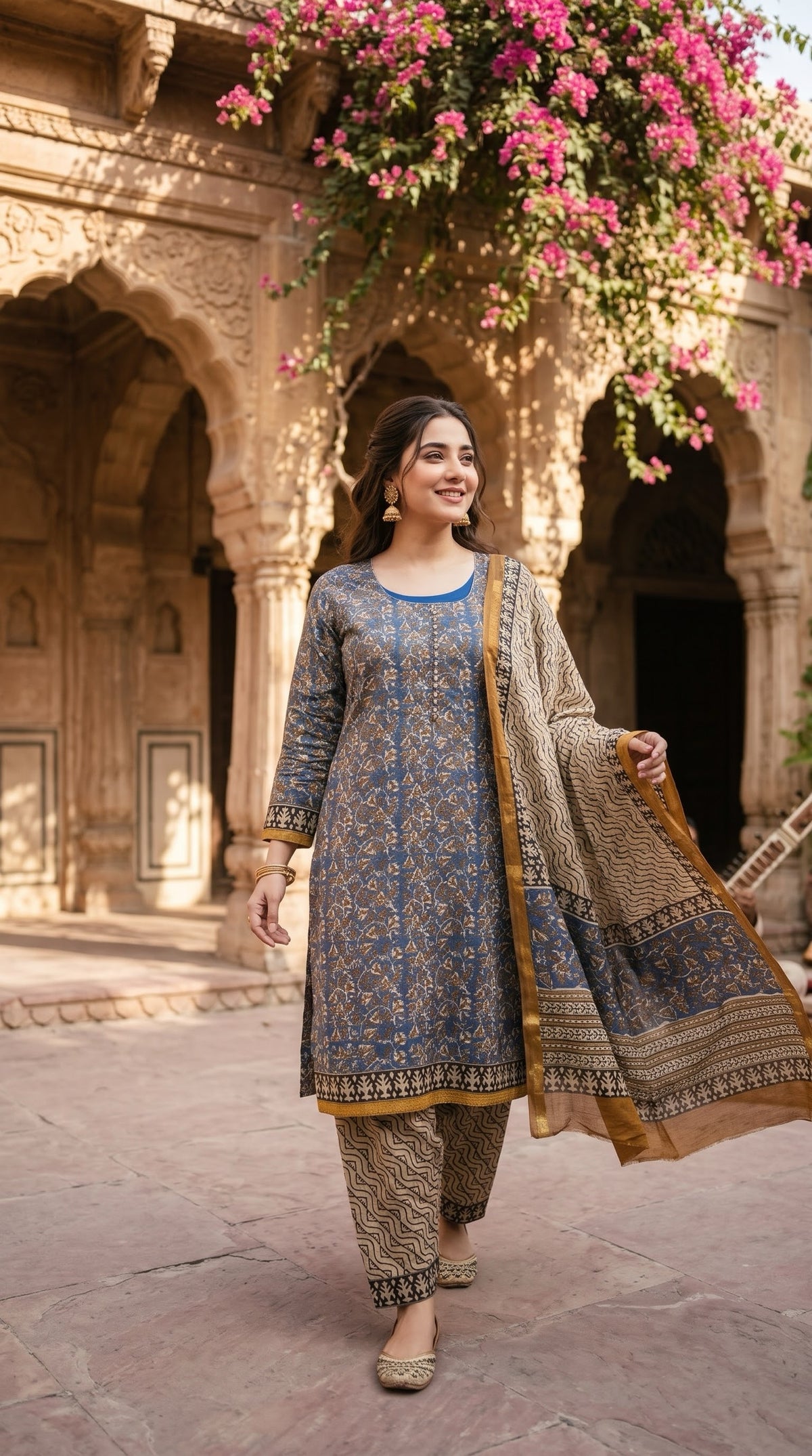 Indian Chanderi Silk 3 piece suit Indigo Blue - Delhi Boutique