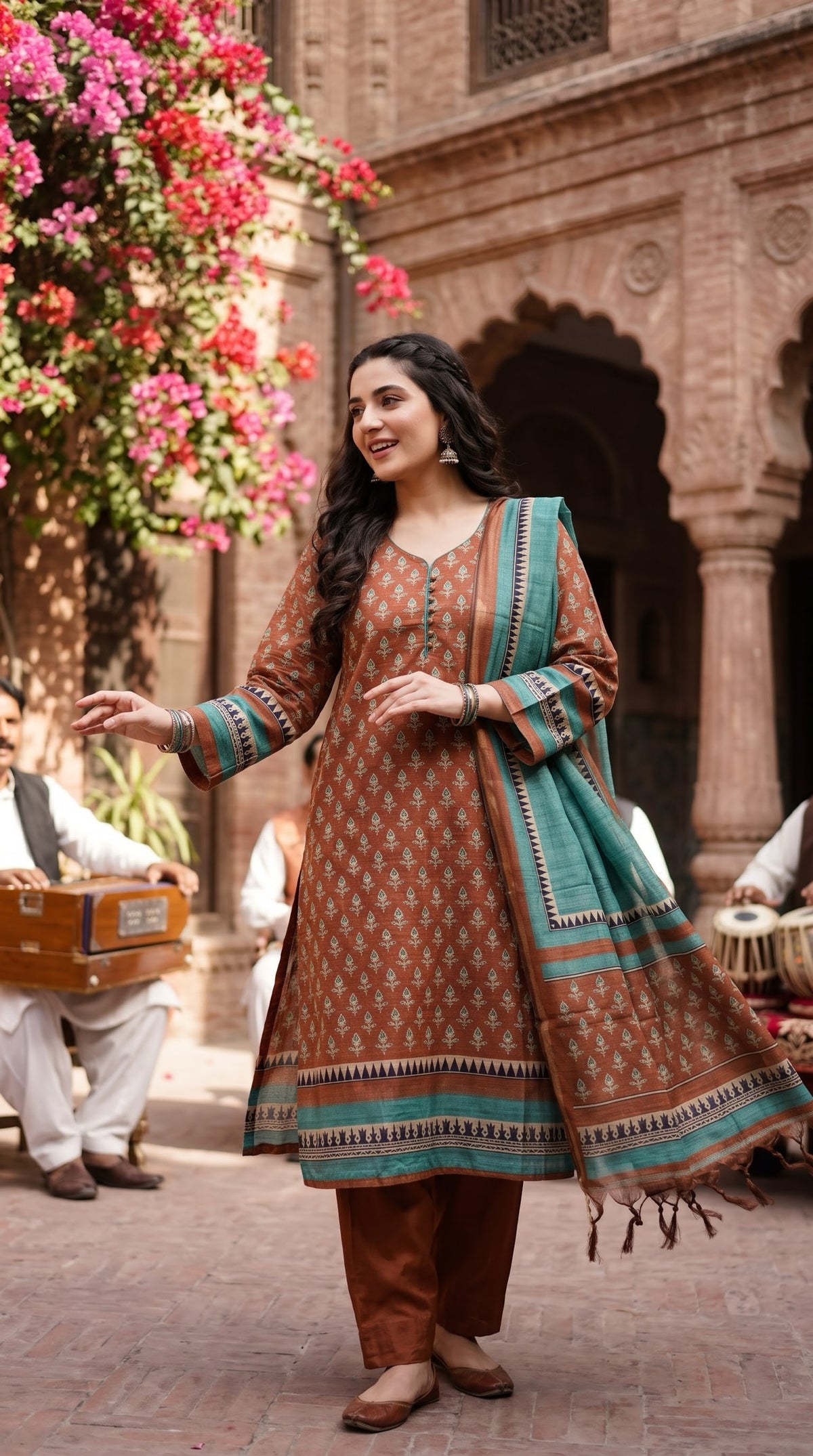 Indian Chanderi Silk 3 piece suit Rust Brown - Delhi Boutique