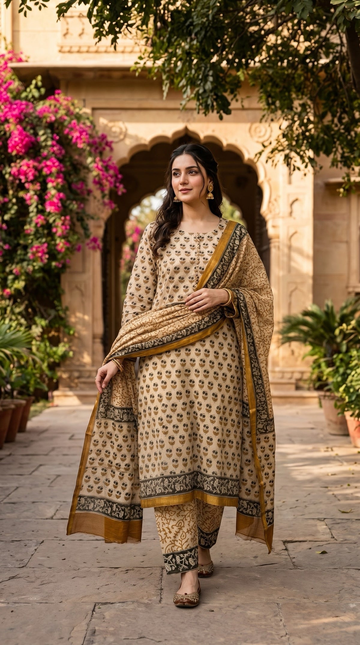 Indian Chanderi Silk 3 piece suit Sand Beige - Delhi Boutique