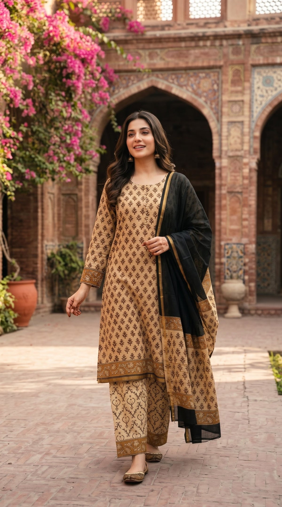 Indian Chanderi Silk 3 piece suit Tan Brown & Black - Delhi Boutique