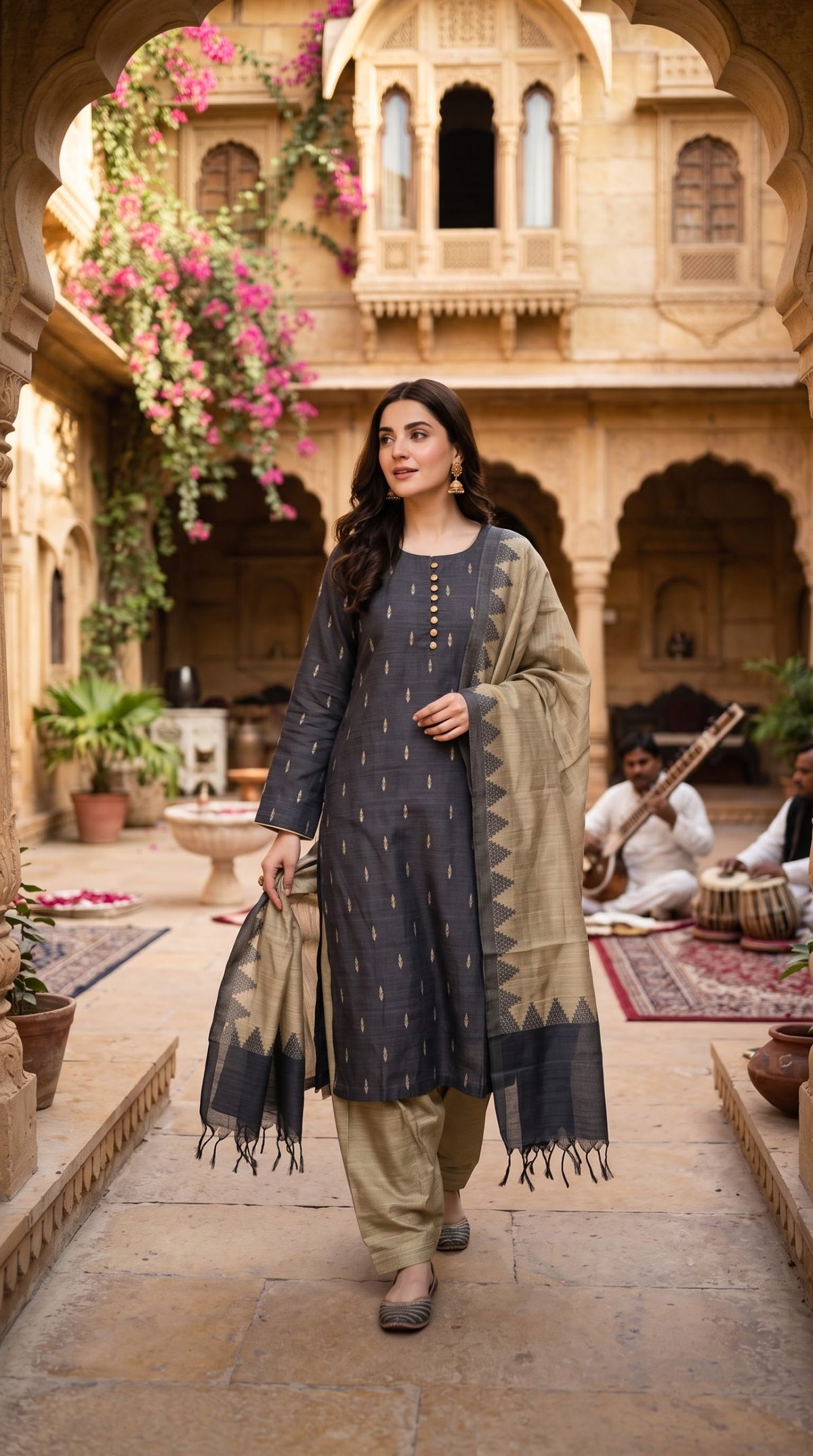 Delhi Boutique Woven Buti 3pc Salwar Suit - Charcoal Grey & Beige - full look
