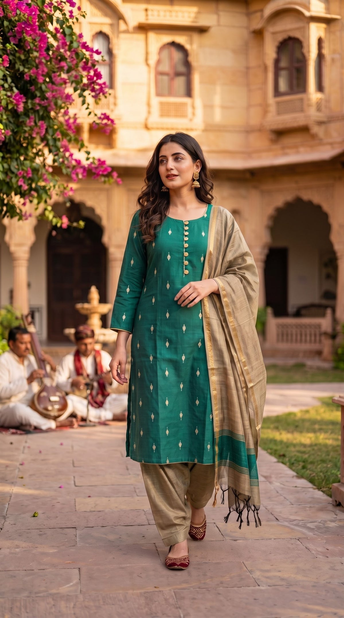 Delhi Boutique Woven Buti 3pc Salwar Suit - Green & Beige - full look