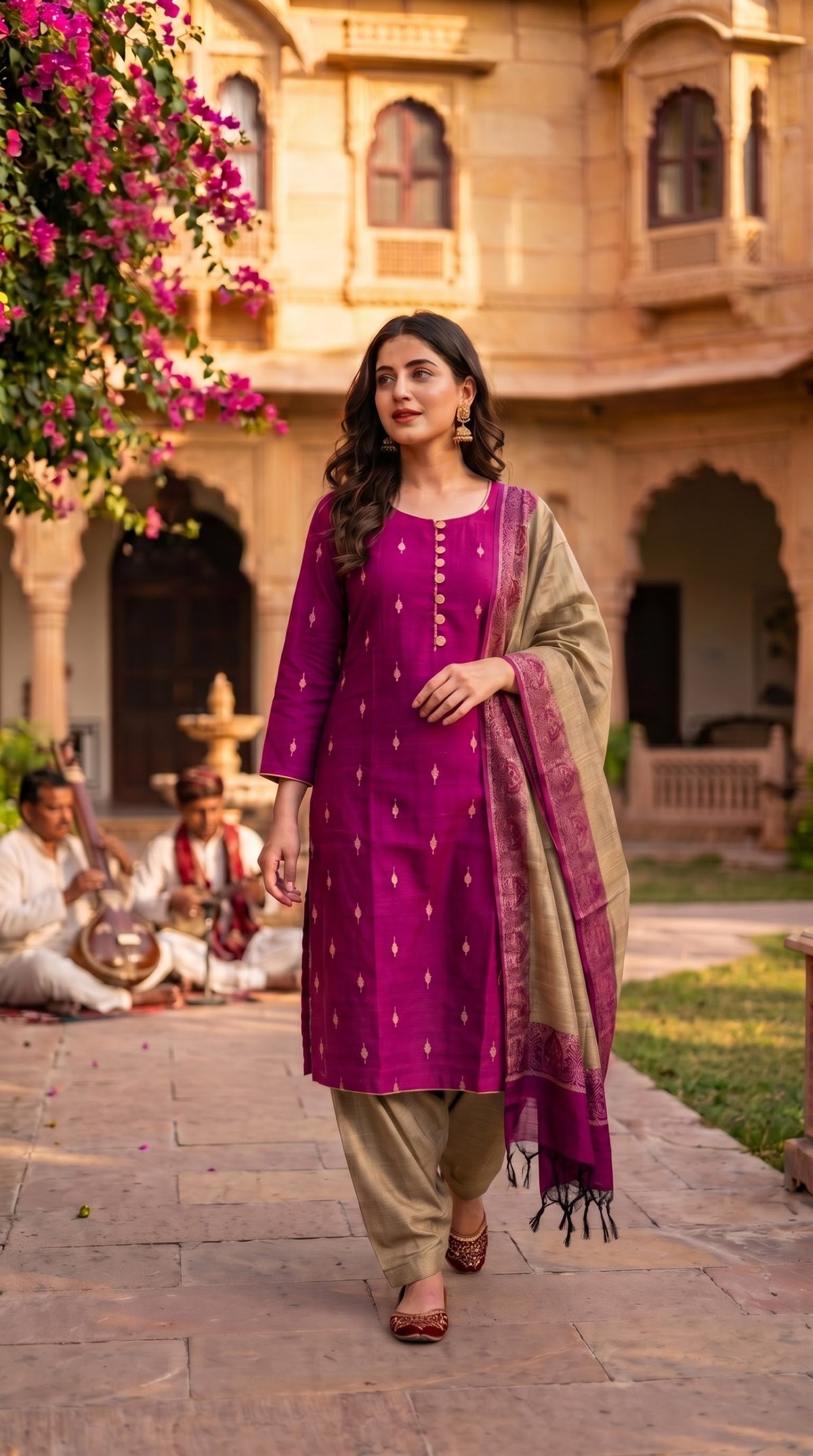 Delhi Boutique Woven Buti 3pc Salwar Suit - Magenta & Beige - full look