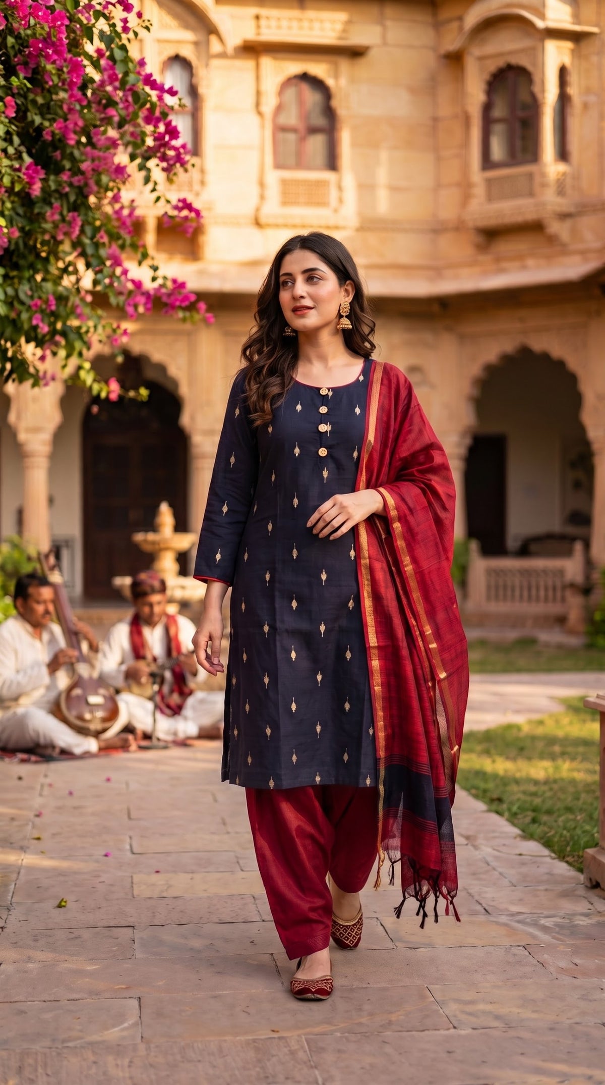 Delhi Boutique Woven Buti 3pc Salwar Suit - Navy Blue & Maroon - full look