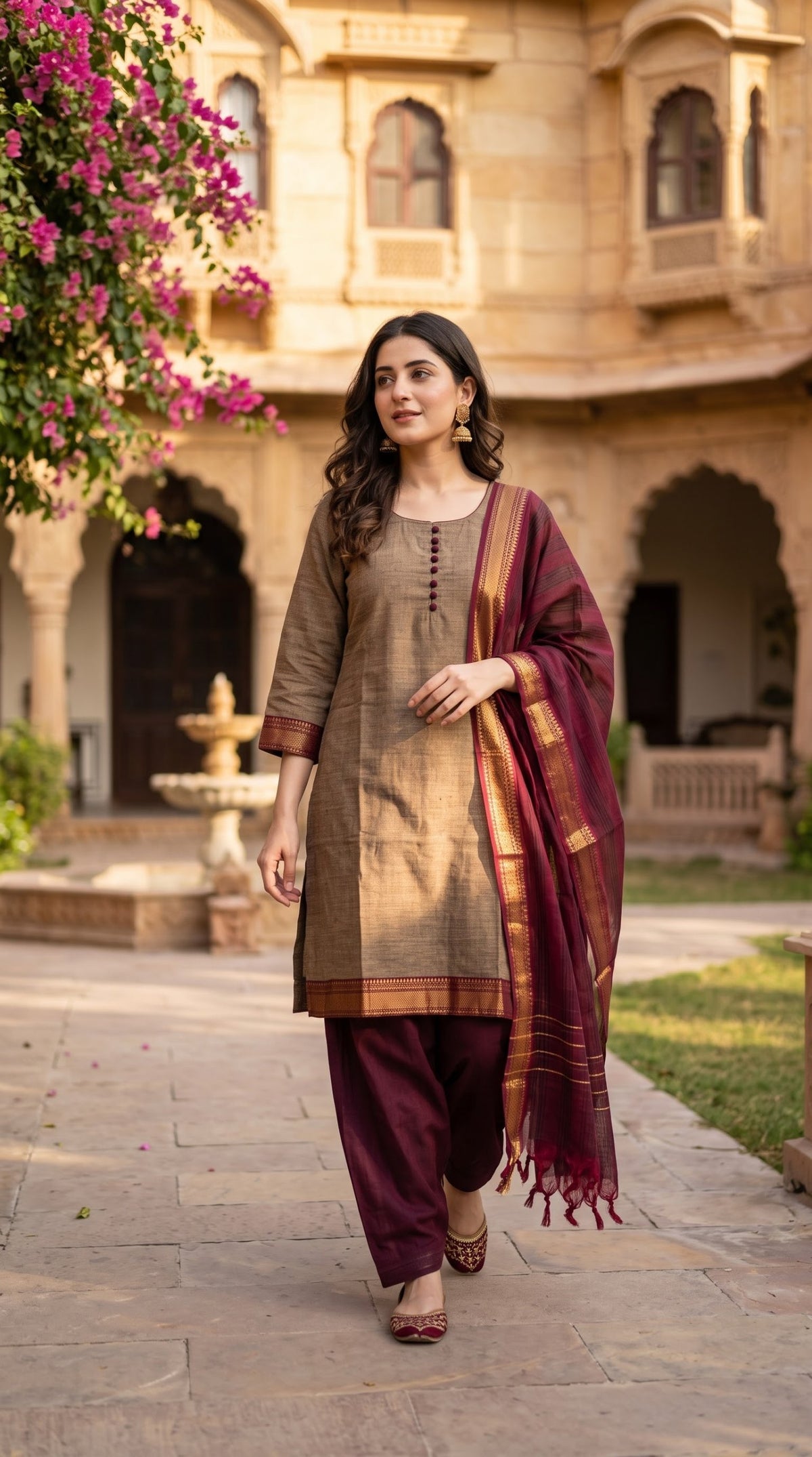 Delhi Boutique Zari Border 3pc Salwar Suit - Brown & Maroon - full look