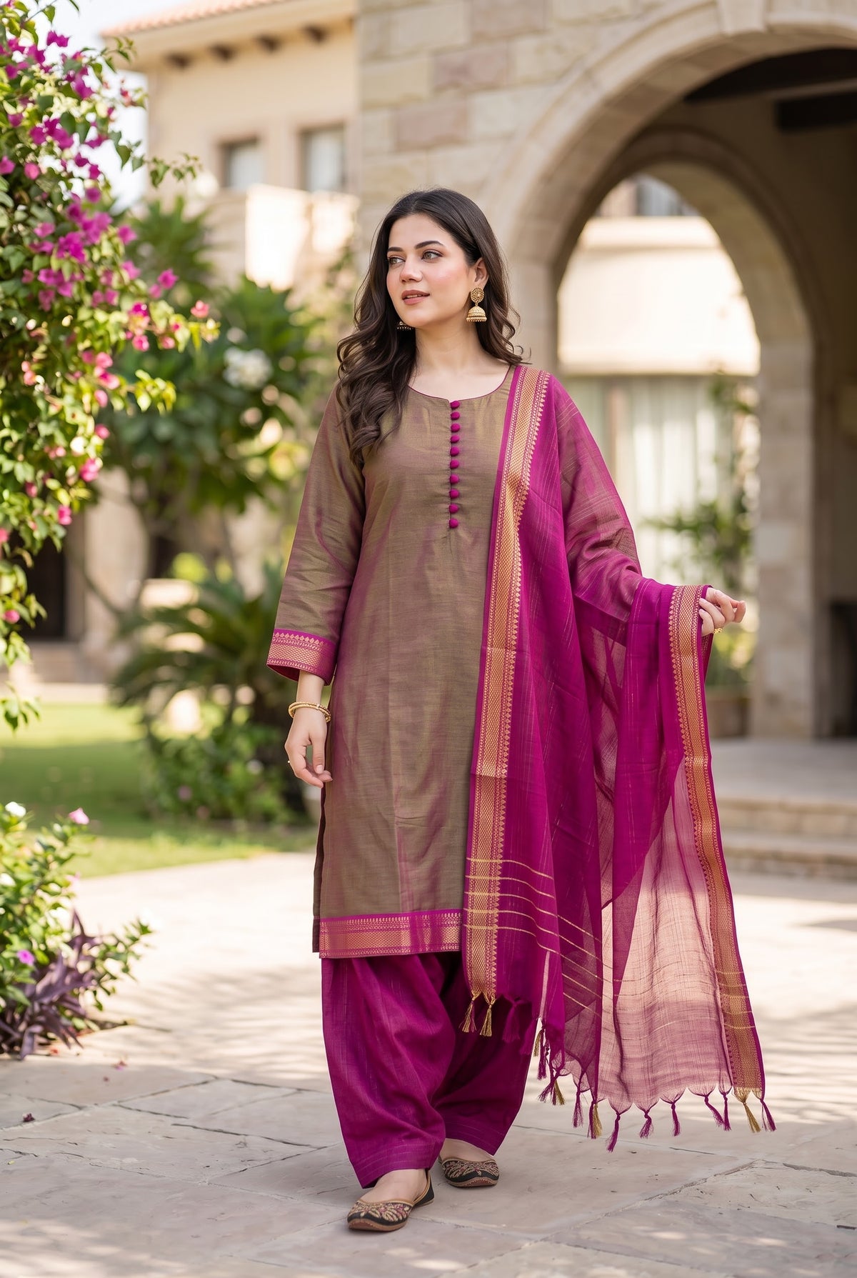 Delhi Boutique Zari Border 3pc Salwar Suit - Golden Brown & Magenta - full look