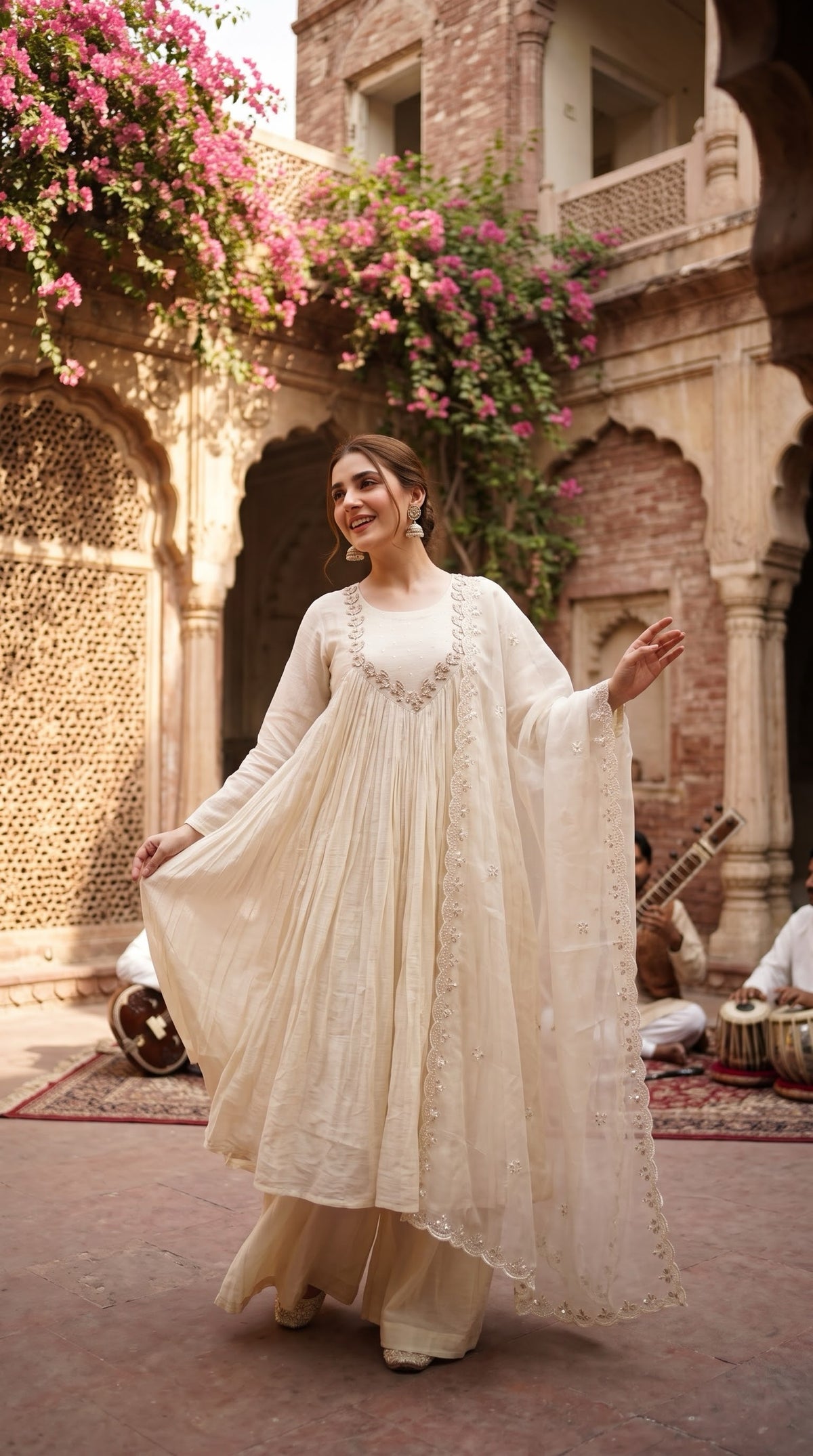 Ivory embroidered pleated Anarkali suit with palazzo - Delhi Boutique