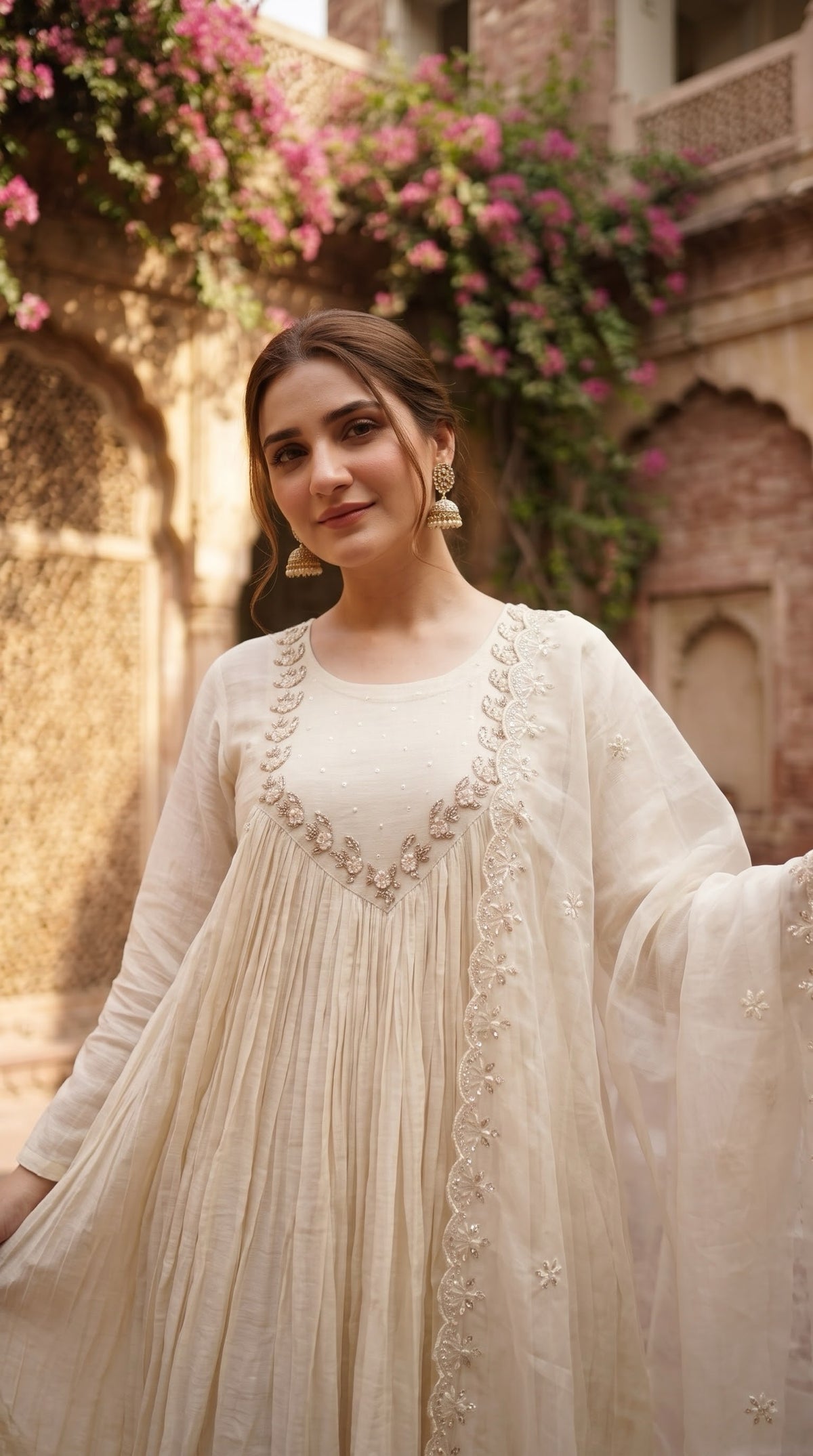 Ivory embroidered Anarkali yoke detail with organza dupatta