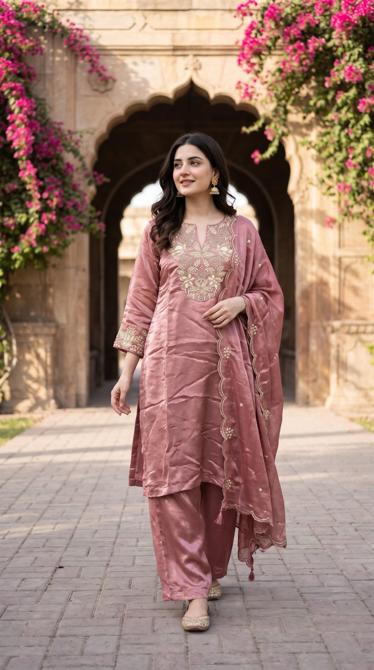 Dusty Rose Silk Embroidered Kurta Palazzo Set - Delhi Boutique