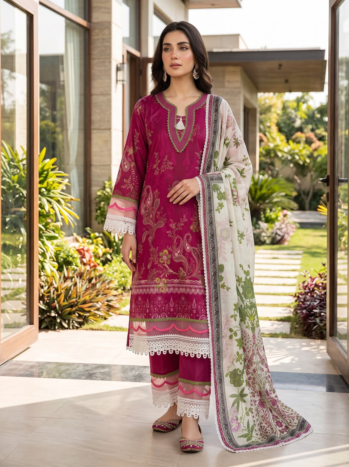 Gulljee Luxury Lawn Lace Work Magenta Ivory - Front