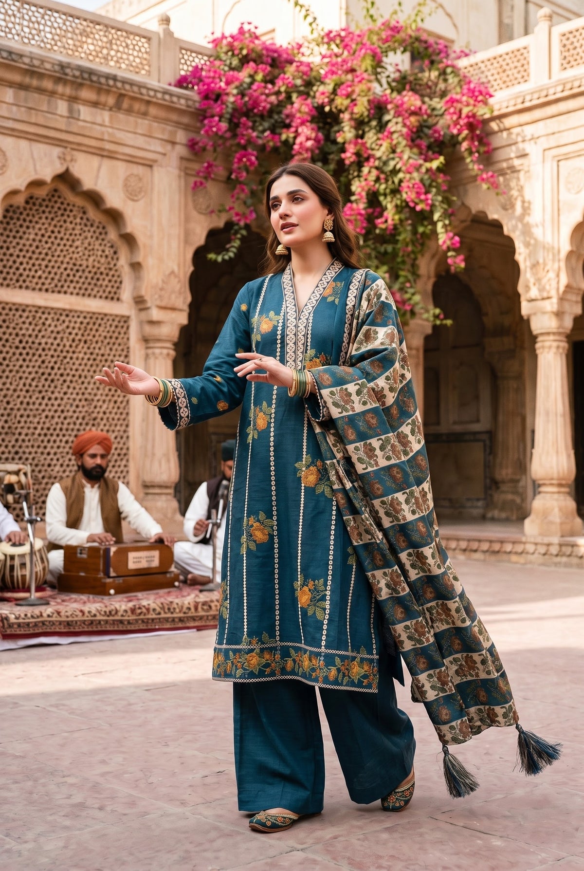 Sapphire Luxe Teal Blue Embroidered Raw Silk Suit - Front