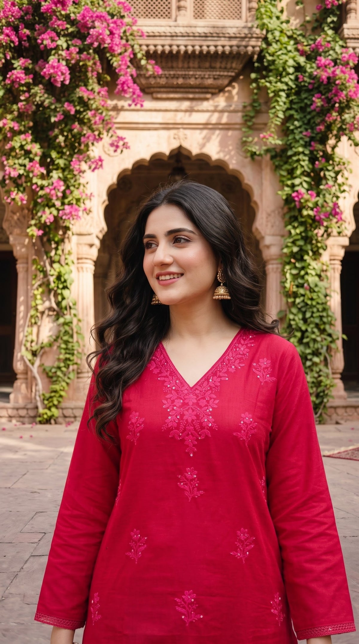Red cotton embroidered 2pc co-ord set