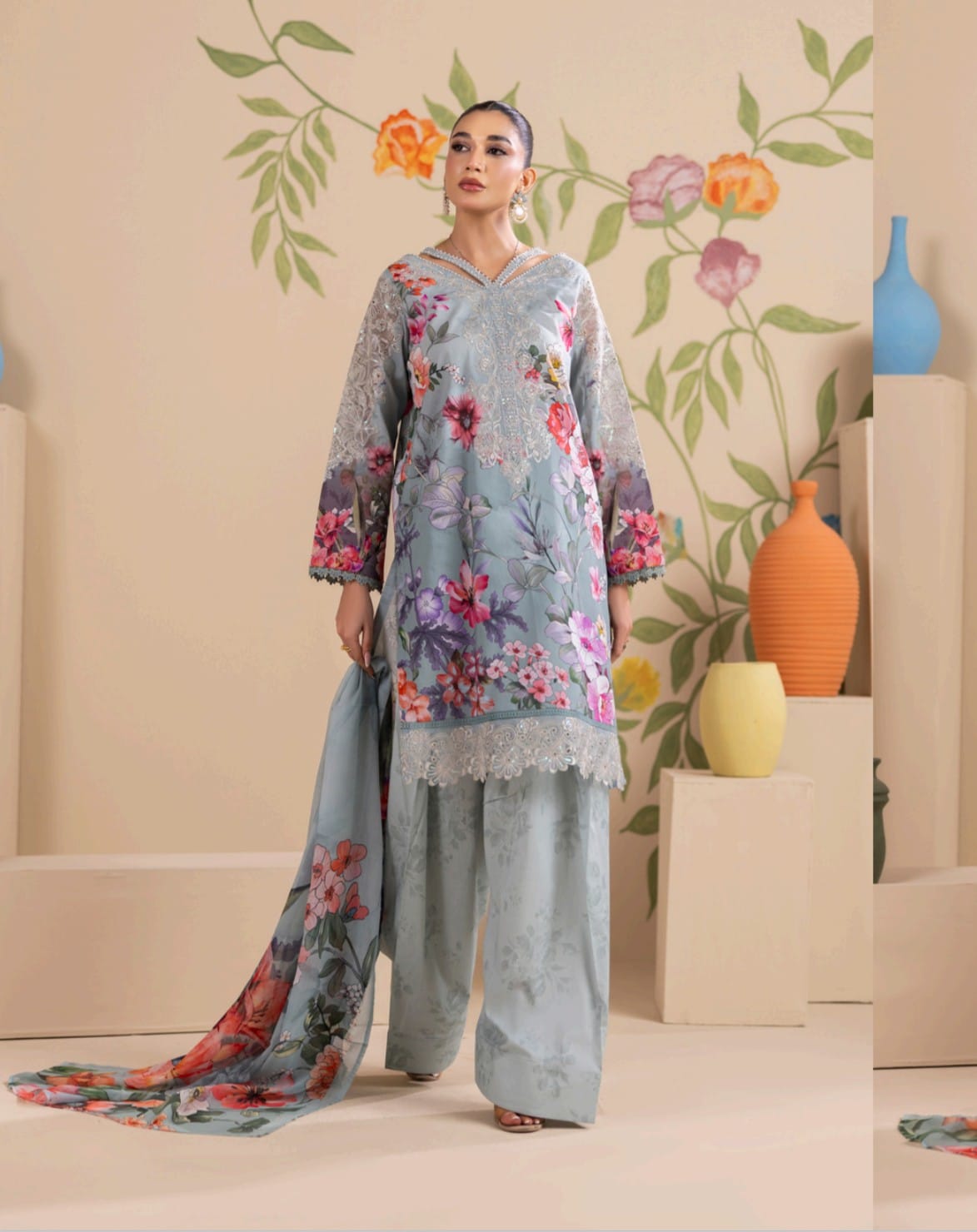 Zennat Embroidered Lawn 3 Piece Suit Ice Blue - floral print with embroidered neckline