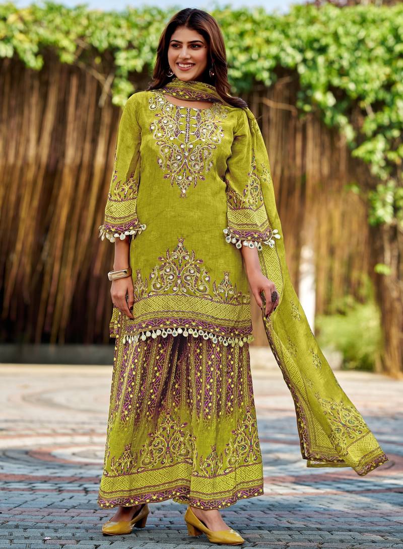 Lemon green pure crepe hand embroidered kurta palazzo set - Delhi Boutique