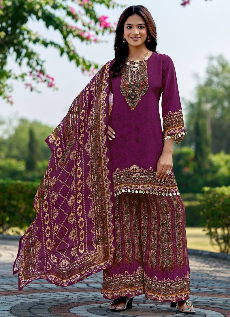 Purple pure crepe hand embroidered kurta palazzo set - Delhi Boutique