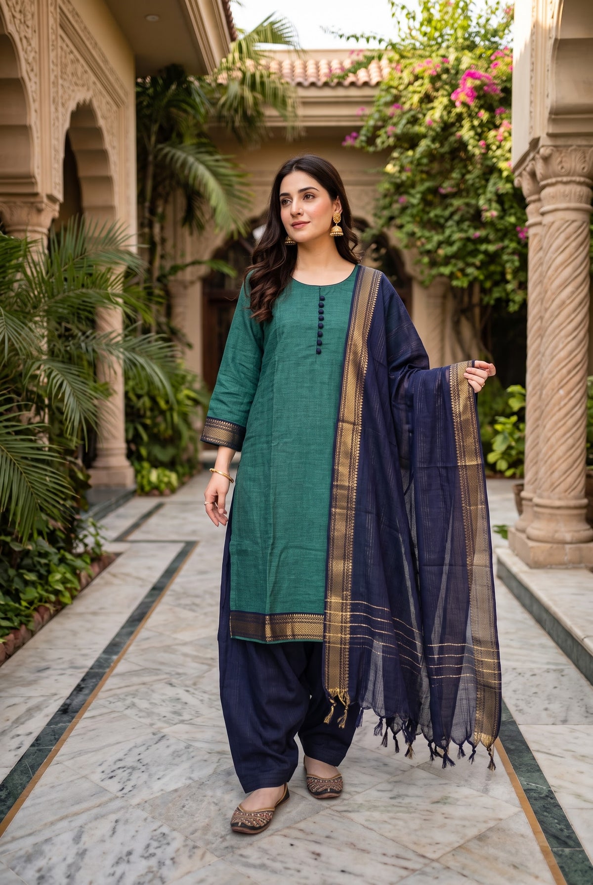 Delhi Boutique Zari Border 3pc Salwar Suit - Teal Green & Navy - full look