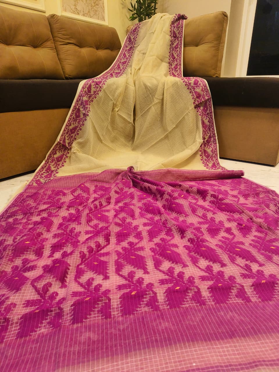 Premium Kota Soft Jamdani Saree - Cream & Magenta