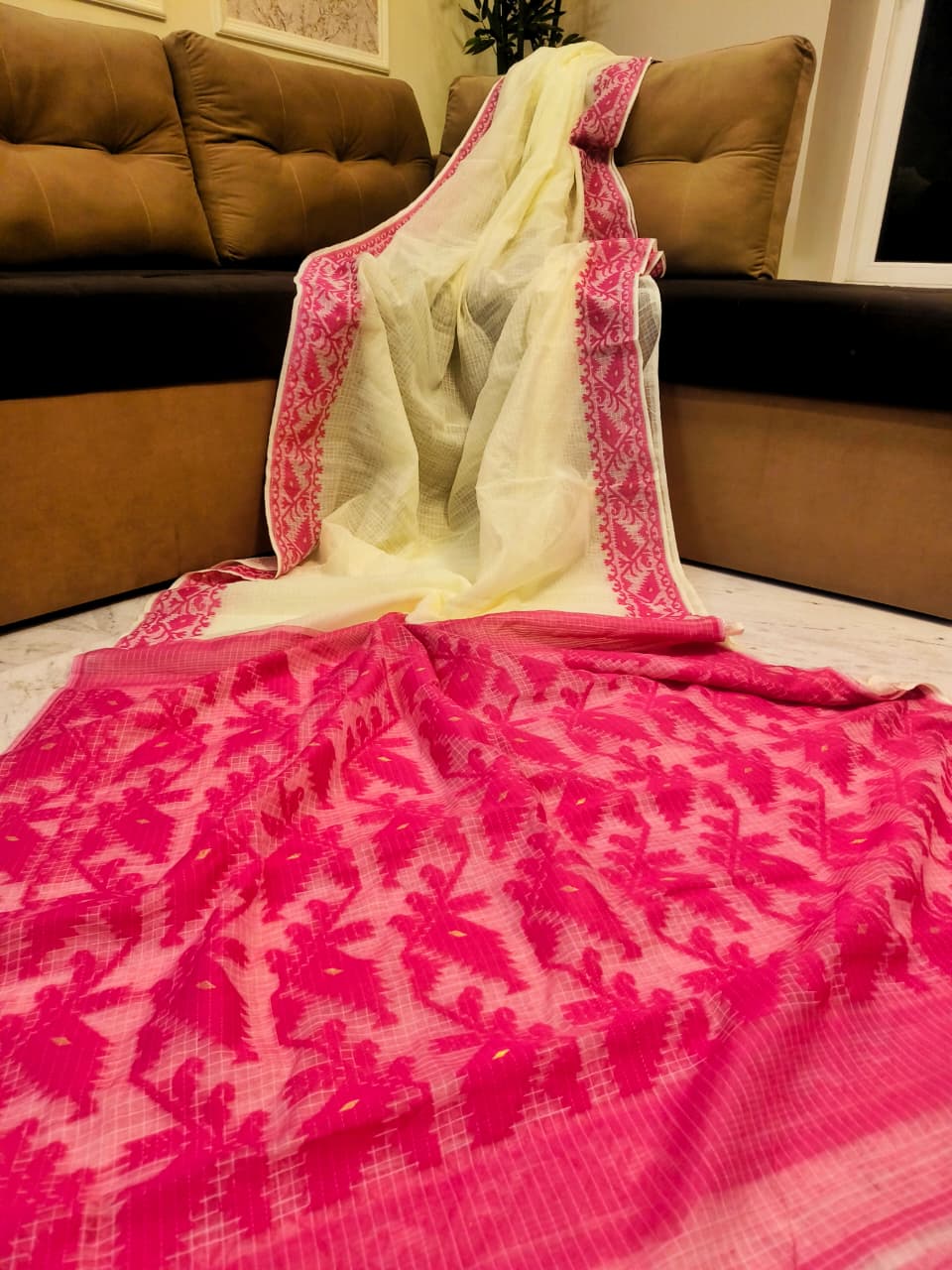 Premium Kota Soft Jamdani Saree - Cream & Pink