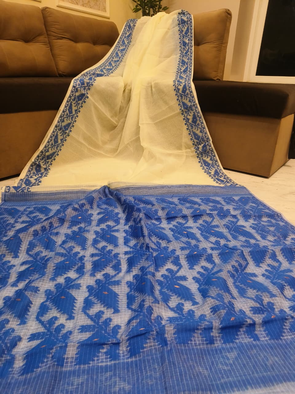 Premium Kota Soft Jamdani Saree - Cream & Royal Blue