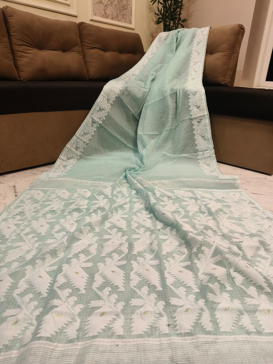 Premium Kota Soft Jamdani Saree - Mint Green & White