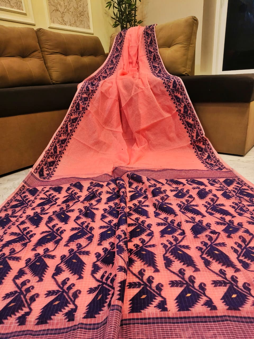 Premium Kota Soft Jamdani Saree - Peach & Navy