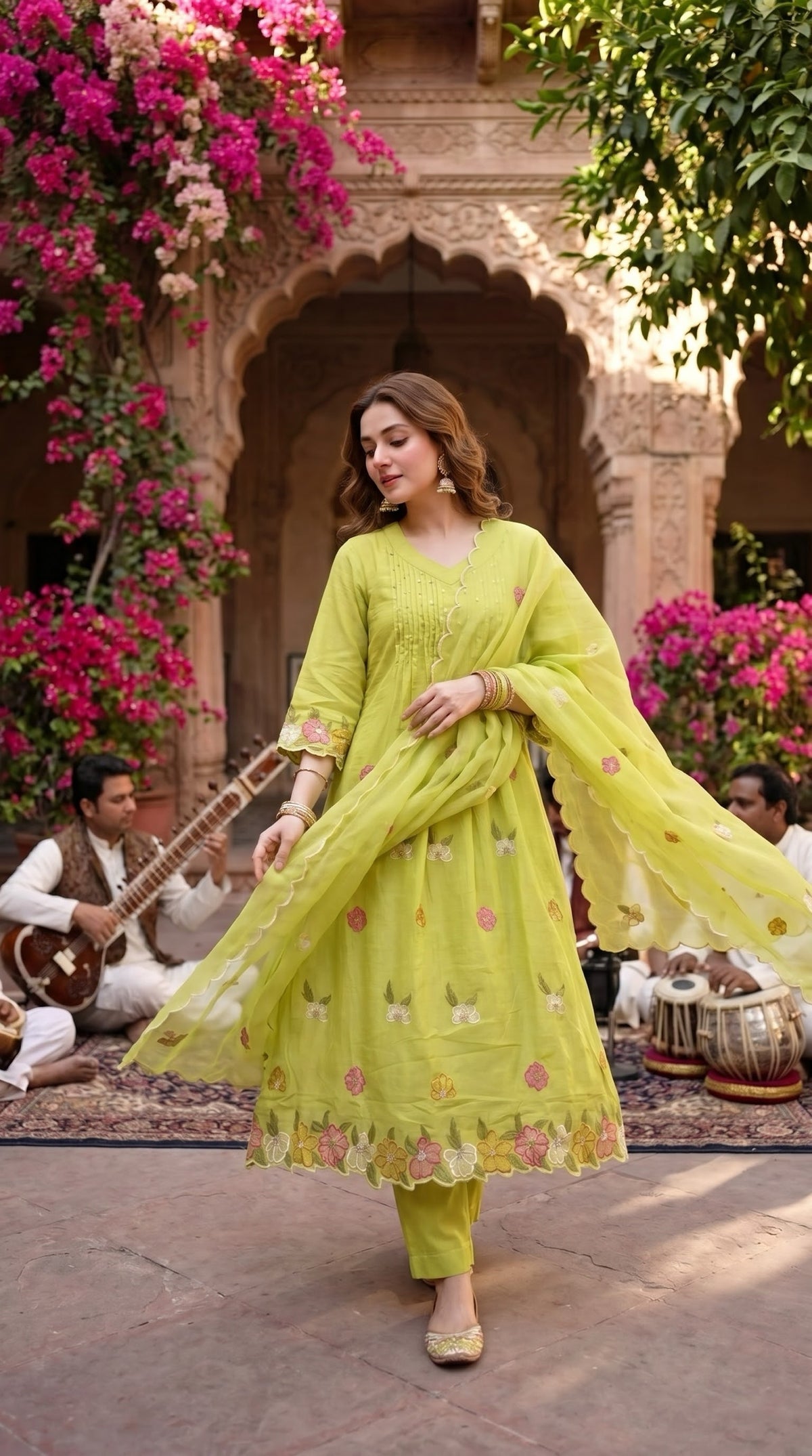 Lime green floral embroidered kurta set with organza dupatta
