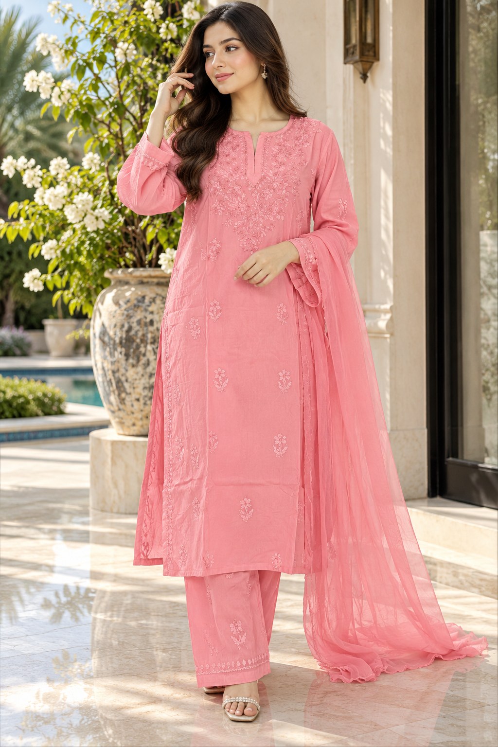 Lucknow 3pc Embroidered Suit - Pink - Front