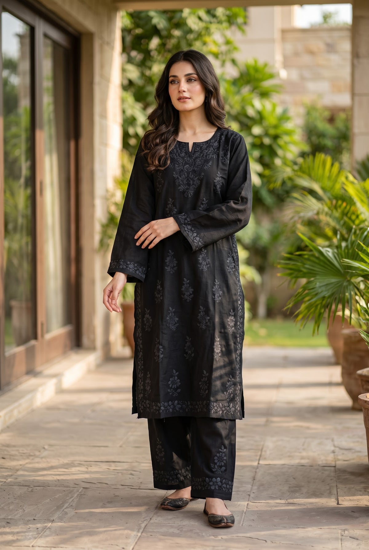 Lucknow 2pc Embroidered Co-Ord Set - Black - Front