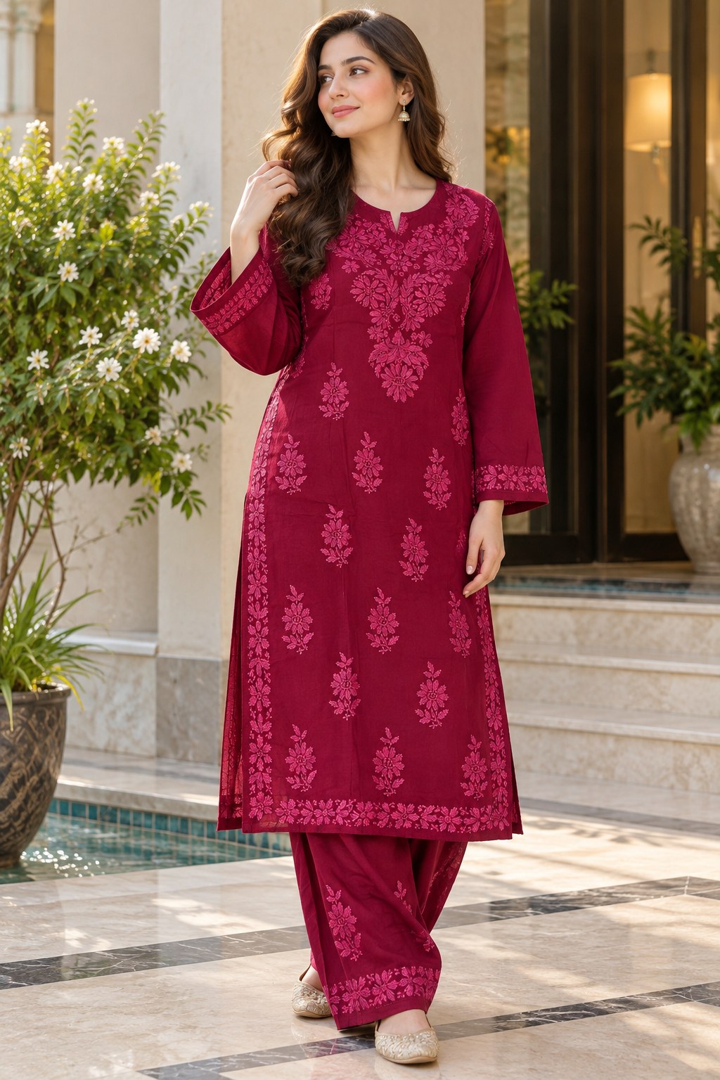 Lucknow 2pc Embroidered Co-Ord Set - Burgundy - Front