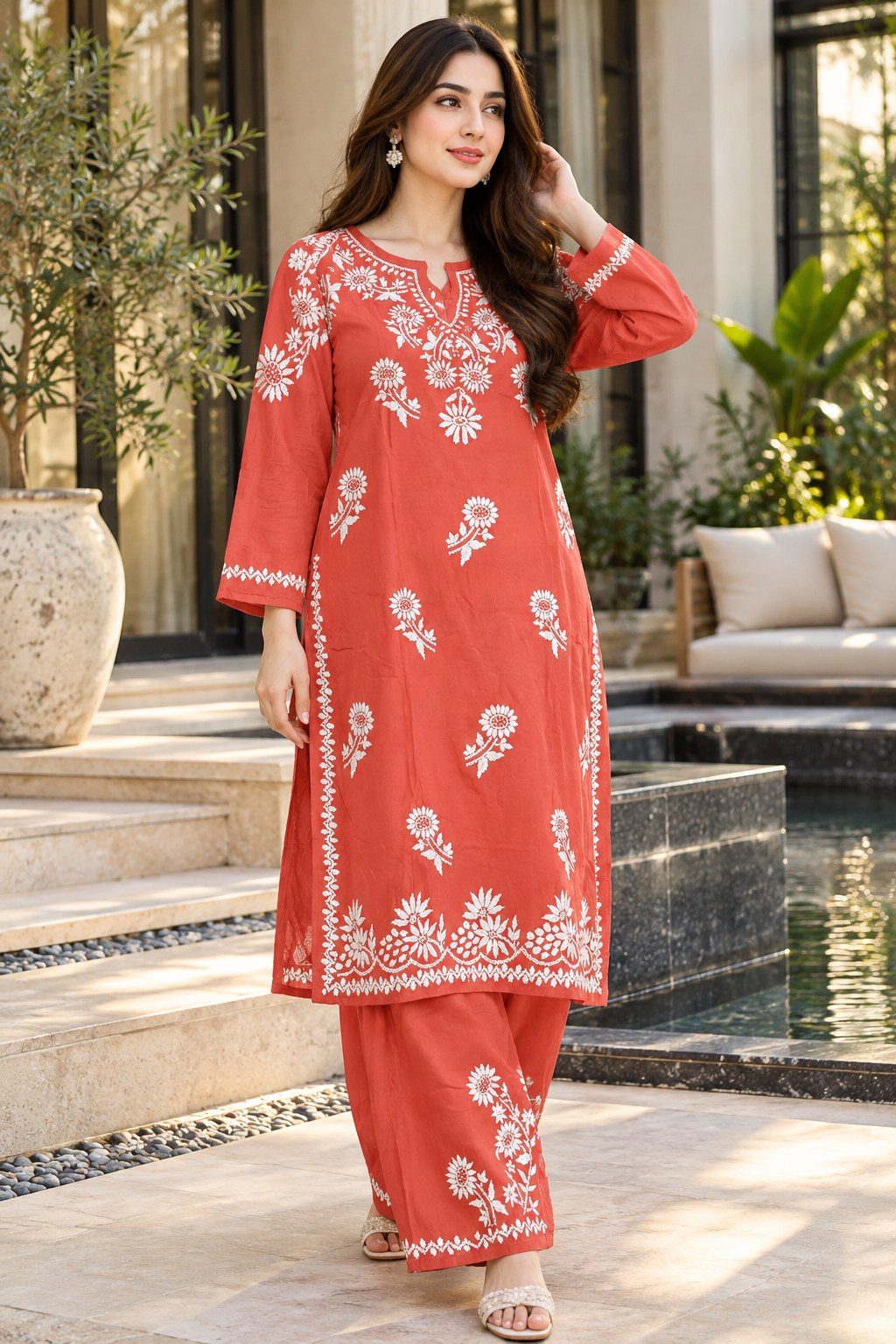 Lucknow 2pc Embroidered Co-Ord Set - Coral - Front